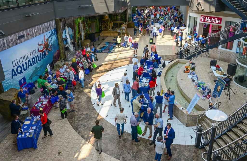 PA State Rep Bridget Kosierowski’s photo gallery photo, it is taken from upper level at the Steamtown Mall in Scranton Pennsylvania during the Lackawanna County Senior Expo 2024, showing people crowded into the main hall of the mall.