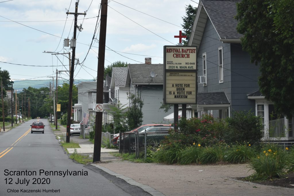 Revival Baptist Church sign saying "A vote for Biden is a vote for Marxism" on Main Street in Scranton Pennsylvania USA Photo by Chloe Kaczenski Humbert.