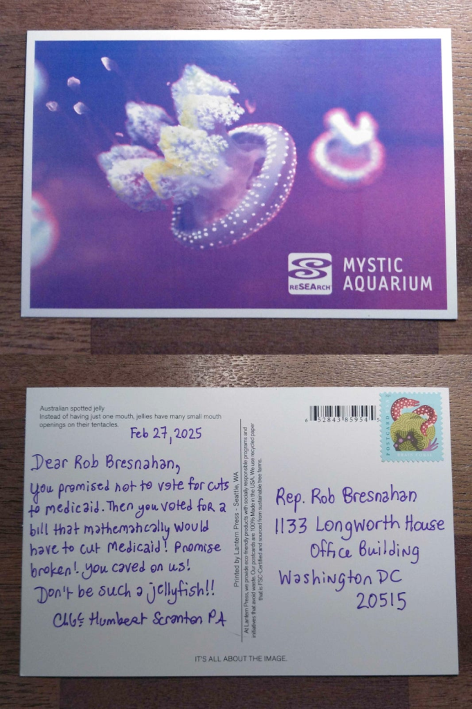 Image is the front and back of a postcard from Mystic Aquarium with a photo of a jellyfish the postcard with a postage stamp with eels on it is addressed to Rep Rob Bresnahan in Washington DC and reads Feb 27, 2025 Dear Rob Bresnahan, You promised not to vote for cuts to Medicaid. then you voted for a bill that mathematically would have to cut medicaid! Promise broken! You caved on us! Don't be such a jellyfish! Chloe Humbert Scranton PA
