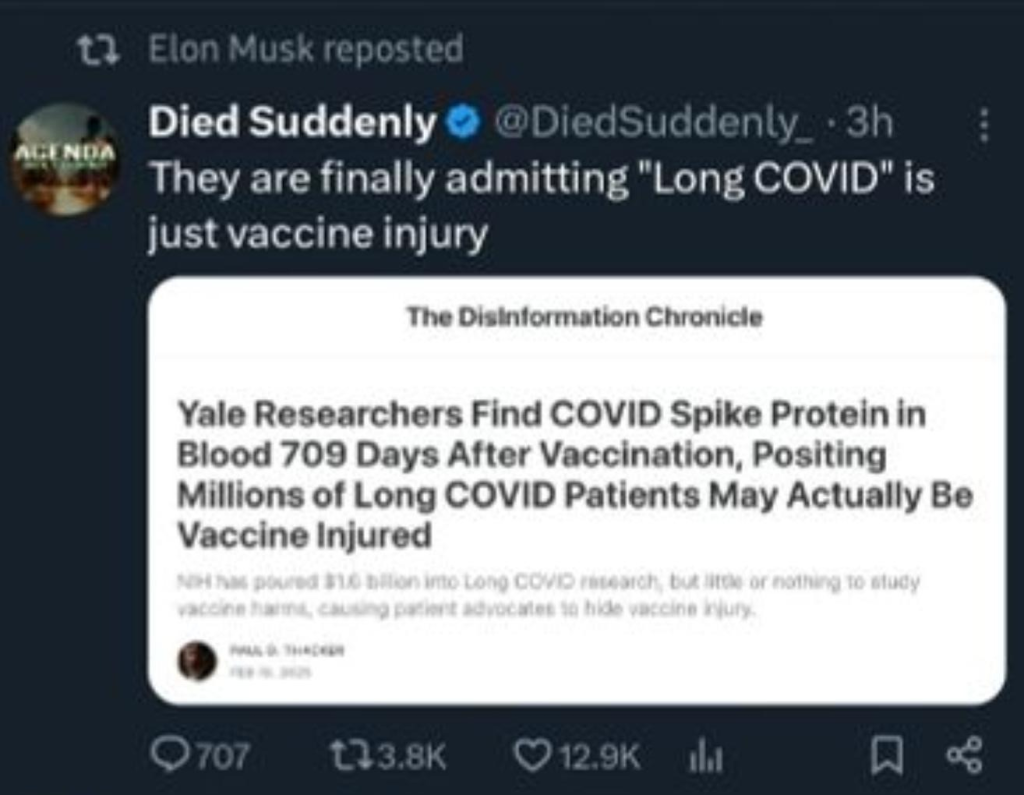 a screenshot circulating on bluesky that's a tweet from an anti-vax propaganda account on twitter that was retweeted by Elon Musk, it refers to a substack that's by Paul Thacker, who puts out anti-vax misinformation and who has made nasty inappropriate and inaccurate attacks on a doctor for informing people of the benefits of vaccination by critiquing and debunking anti-vax claims.
