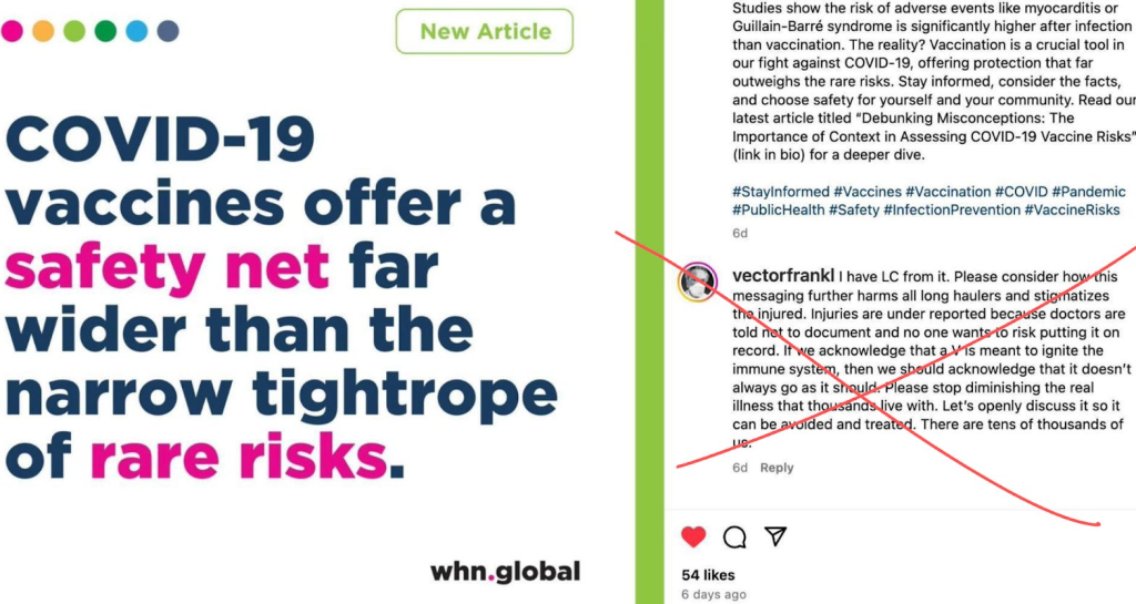 An instagram post by the WHN organization from March 2024 explaining why vaccines are a safe choice with an anti-vax comment.