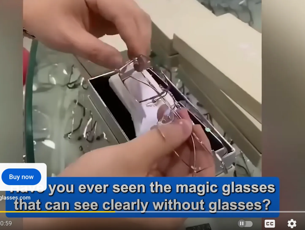 Screenshot of a commercial on Youtube where the ad starts out by saying "Have you seen the magic glasses that can see clearly without glasses?"