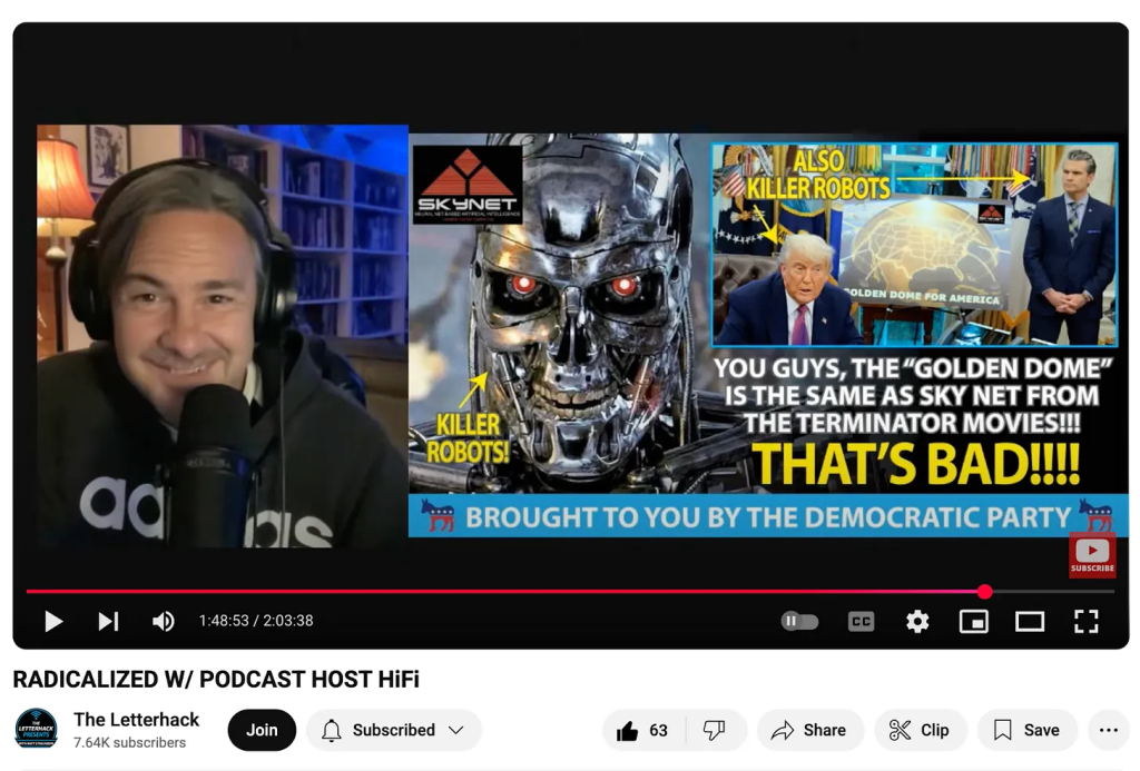 Youtube screenshot of The Letterhack that pictures Matt Strackbein laughing on stream with a mockup for the Democratic Party to message on the badness of the golden dome and AI weapons systems from tycoon billionaire government contracts. The picture shows a robot with evil looking red light eyes in its metal face with the Skynet logo from the movie Terminator. There's an annotated arrow labeled Killer Robots pointing at the robot. There's a photo of Trump and the golden dome picture with Pete Hegseth standing next to it, and the caption reads You guys, the golden dome is the same as sky net from the terminator movies!!! That's bad!!!! There's an annotated arrow pointing to Pete Hegseth that says also killer robots.