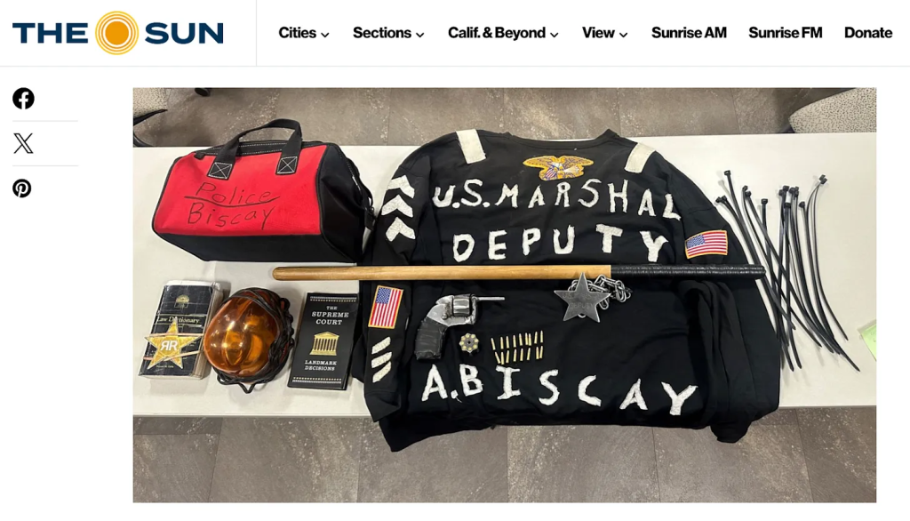Photo of the law enforcement impersonator's belongings including a crudely embroidered garment, a bag with police handwritten, some pieces of metal put together to look like a crude pistol, some zip ties, a silver star on a chain crudely engraved u.s. marshals deputy, and a little booklet titled the supreme court landmark decisions.
