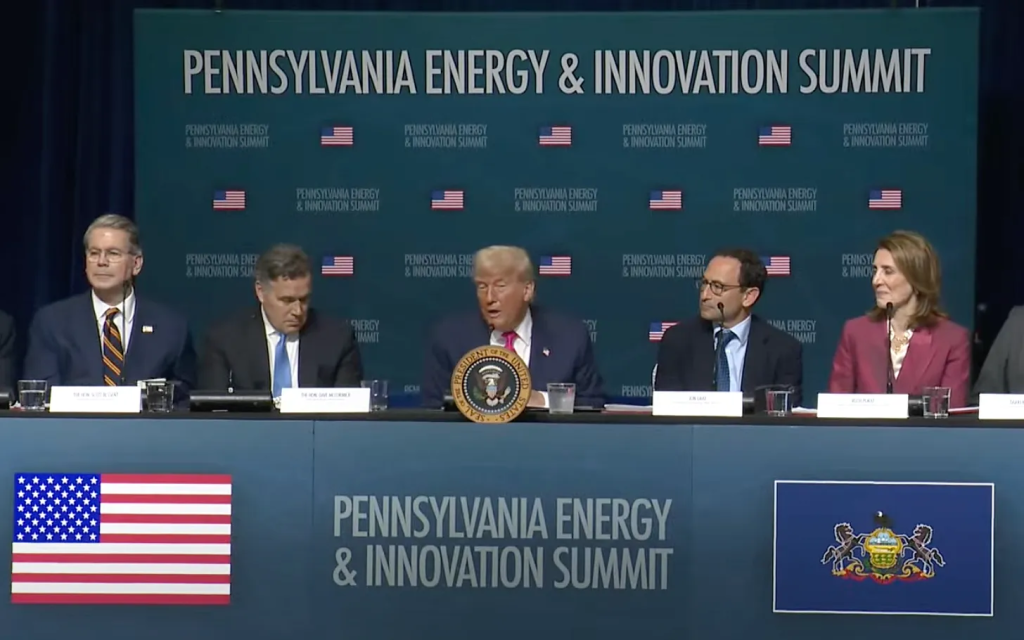 Scott Bessent, Dave Mccormick, Donald Trump, Blackstone president and COO Jon Gray, and Ruth Porat pictured in a White House youtube video screenshot at the Pennsylvania Energy & Innovation Summit in Pittsburgh Pennsylvania. July 15, 2025.